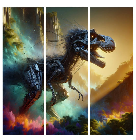 Cyber Dinosaur in Nature – Futuristic Beast Triptych